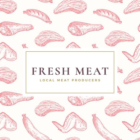 Local Fresh Meat Vector Label or Seamless Background Pattern. Hand Drawn Steak, Sausages, Chicken Leg and Wing Sketches. Food Card, Wrapping, Wallpaper or Cover Templateのイラスト素材