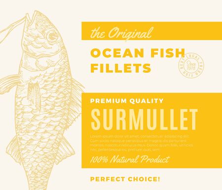 Premium Quality Fish Fillets. Abstract Vector Fish Packaging Design or Label. Modern Typography and Hand Drawn Surmullet Silhouette Background Layoutのイラスト素材