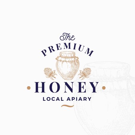 Premium Quality Honey Sign, Symbol or  Template. Hand Drawn Pot or Jar and Clover Flowers Sketch with Retro Typography. Local Apiary Vintage Emblem with Background.のイラスト素材
