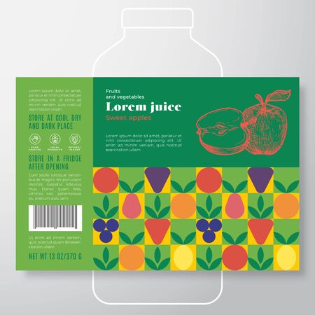 Fruit and Vegetables Pattern Juice Label Template. Abstract Vector Packaging Design Layout. Modern Typography Banner with Hand Drawn Apple with a Slice Silhouette Background. Isolated.のイラスト素材