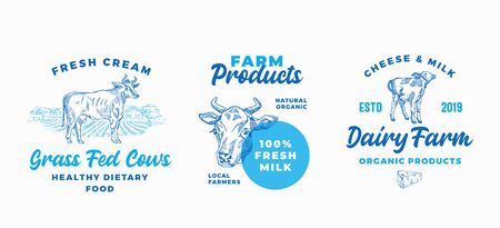 Cow Farm Dairy  Templates Set. Abstract Vector Cream and Milk Signs or Symbols. Hand Drawn Domestic Animals, Countryside Landscape and Cheese with Typography Banners or Stickers Bundle.のイラスト素材