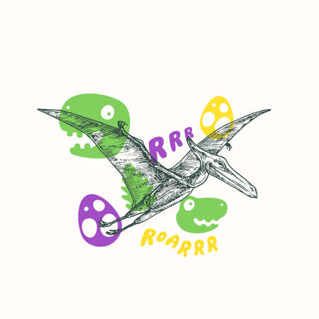Prehistoric Dinosaur Abstract Sign, Symbol or Card Template. Hand Drawn Flying Pterodactyl with Funny Flat Style Illustrations. Cute Vector T-shirt Print or Emblem Concept.のイラスト素材