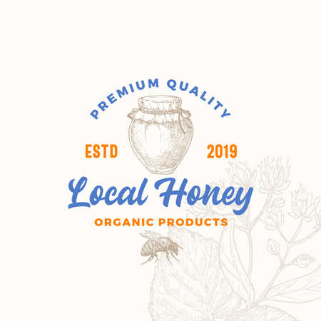 Premium Quality Organic Local Honey Product. Sign, Symbol or  Template. Hand Drawn Sketch Bee and Jar with Retro Typography and Linden Flower Branch Background. Apiary Vector Emblem.のイラスト素材