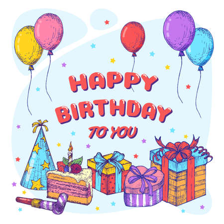 Happy Birthday Greeting Card Template. Hand Drawn Cake, Balloons and Gift Boxes Sketch Illustrations. Holiday Celebration Design Layout.のイラスト素材