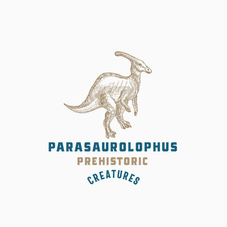 Prehistoric Creature Dinosaur Abstract Sign, Symbol or   Template. Hand Drawn Parasaurolophus Reptile with Retro Typography. Vector Emblem Concept.のイラスト素材