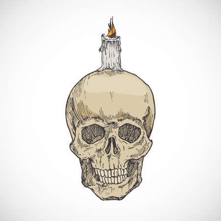 Hand Drawn Colorful Halloween Scary Scull with Lighted Candle Vector Illustration. Abstract Sketch. Holiday Engraving Style Drawing.のイラスト素材