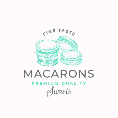 Fine Taste Macarons. Premium Quality Confectionary Abstract Sign, Symbol or Logo Template. Hand Drawn Cakes and Typography. Local Bakery Vector Emblem Concept.のイラスト素材