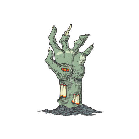 Hand Drawn Colorful Halloween Scary Zombie Hand Vector Sketch Illustration. Holiday Doodle Style Drawing.のイラスト素材