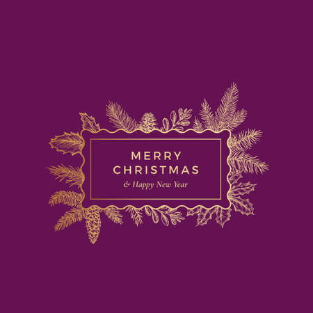 Merry Christmas Abstract Botanical Card with Rectangle Frame Banner and Modern Typography. Premium Purple Background and Golden Greeting Sketch Layoutのイラスト素材
