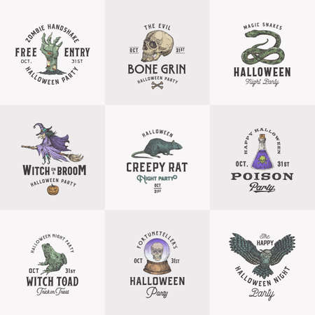 Vintage Style Halloween Logos or Labels Template Set. Hand Drawn Witch, Scull, Zombie Arm, Rat, Fortune Teller Ball and Magic Reptiles Sketch Symbols Collection. Retro Typography.のイラスト素材