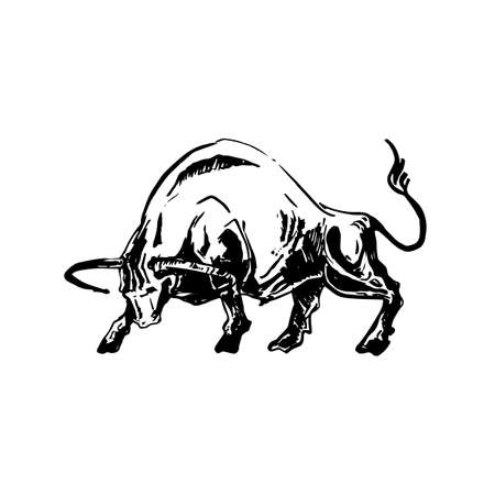 Chinese New Year 2021 Illustration Template. Hand Drawn Black Bull or Ox Zodiac Sign on White Background. Holiday Symbol.のイラスト素材