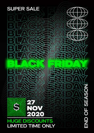 Neon Black Friday Typography Banner, Poster or Flayer Template. Creative Wave Grid Background Concept. Abstract Decorative Elements in a Frame. Sale Promotion or Advertising Layoutのイラスト素材