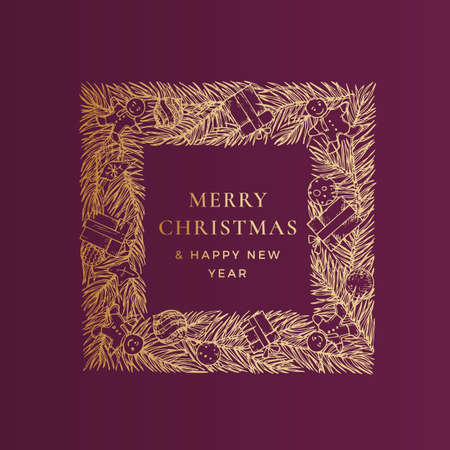 Christmas Greetings Vector Banner Template. Winter Holiday Symbol Doodle Pine Branches Wreath Sketch on Purple Background. New Year Square Frame Label or Card Design with Golden Glitterのイラスト素材