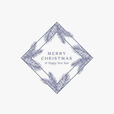 Merry Christmas Abstract Botanical Card with Rhombus Frame Banner and Modern Typography. Premium Greeting Sketch Layout. Winter Holiday Emblem Concept.のイラスト素材