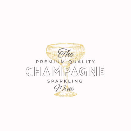Premium Champagne Abstract Vector Sign, Symbol or   Template. Hand Drawn Sparkling Wine Glass Sketch with Typography. Elegant Beverage Emblem.のイラスト素材