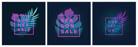 Neon Gradient Fern and Monstera Palm Leaf In a Frame with Modern Typography Set. Abstract Vector...