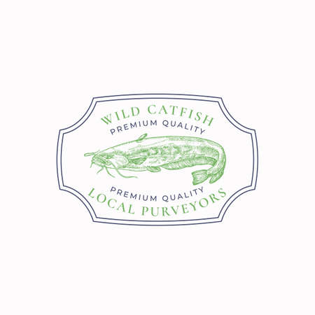 Fish Vintage Frame Badge or  Template. Hand Drawn Wild Catfish Sketch Emblem with Retro Typography.