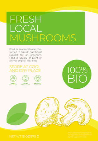 Fresh Local Vegetables Label Template. Abstract Vector Packaging Design Layout. Modern Typography Banner with Hand Drawn Mushroom Sketch Silhouette Background. Isolatedのイラスト素材