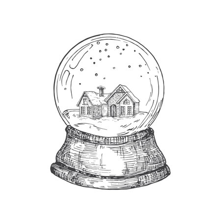 Hand Drawn Christmas Snow Ball with Toy House Inside. Abstract Sketch Vector Illustration. Winter Holiday Engraving Style Drawing. Isolatedのイラスト素材