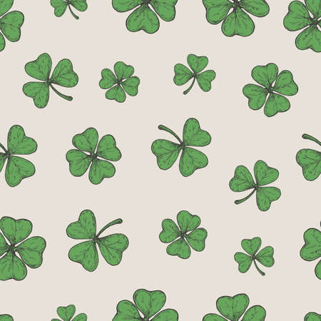 Hand Drawn Green Lucky Shamrock and Trefoil Leaves Vector Seamless Background Pattern. Saint Patrick Celebration Greeting Sketches Card, Wrapping or Cover Templateのイラスト素材