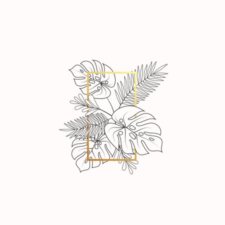 Monstera and Fern Tropical Leaves Decorative Composition Banner or Label Template. Abstract Foliage with Rectangle Golden Frame. Good for Wedding or Party Invitation, etc. Isolatedのイラスト素材