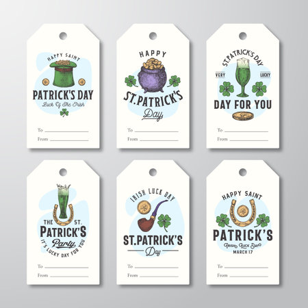 Saint Patricks Day Greeting Cards or Ready-to-Use Gift Tags or Labels Templates Set. Hand Drawn Leprechauns Hat, Pot, Coins, Beer and Shamrock Sketches with Typography Design Layouts Bundle. Isolatedのイラスト素材