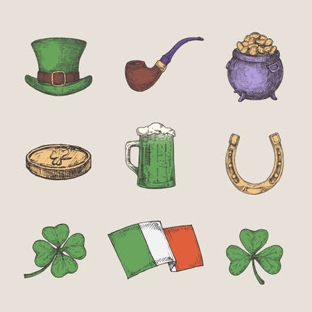 Retro Style Saint Patricks Illustrations Collection. Hand Drawn Leprechaun Hat, Coins, Shamrock, Irish Flag, and Beer Sketch Symbols or Icons Set. Irish Holiday Emblems Bundle. Isolatedのイラスト素材