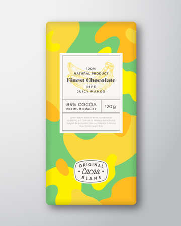 Banana Chocolate Label. Abstract Shapes Vector Packaging Design Layout with Realistic Shadows. Modern Typography, Hand Drawn Fruit Silhouette and Colorful Camouflage Pattern Background. Isolatedのイラスト素材