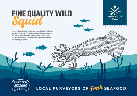 Fine Quality Organic Seafood. Abstract Vector Food Packaging Design or Label. Modern Typography and Hand Drawn Squid and Fishes Silhouettes. Sea Bottom Landscape Background Layout with Bannerのイラスト素材