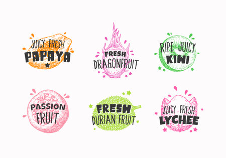 Juicy Fresh Exotic Fruits Badges, Labels Templates Collection. Hand Drawn Papaya, Lychee, Pataya, Kiwi and Durian Sketch with Playful Typography. Premium Exotic Food Emblems Set. Isolatedのイラスト素材