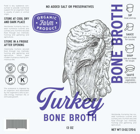 Turkey Bone Broth Label Template. Abstract Vector Food Packaging Design Layout. Modern Typography with Hand Drawn Bird Face Sketch Background with Instruction Icons. Isolatedのイラスト素材