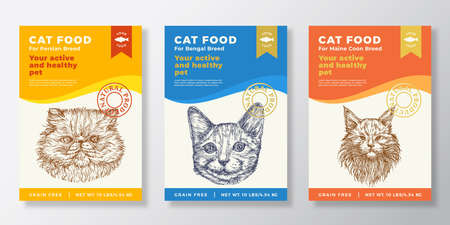 Cat Food Label Templates Set. Abstract Vector Packaging Design Layouts Collection. Typography Banners with Hand Drawn Bengal, Persian and Maine Coon Breeds Sketch Faces Background.のイラスト素材