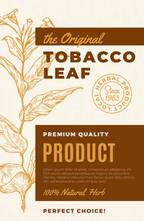 The Original Tobacco Leaf Abstract Vector Design Label. Modern Typography and Hand Drawn Plant Branch with Leaves Sketch Silhouette Background Layout. Isolatedのイラスト素材