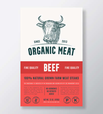Organic Meat Abstract Vector Packaging Design or Label Template. Farm Grown Beef Steaks Banner. Modern Typography and Hand Drawn Cow Head Silhouette Background Layout with Soft Shadowのイラスト素材