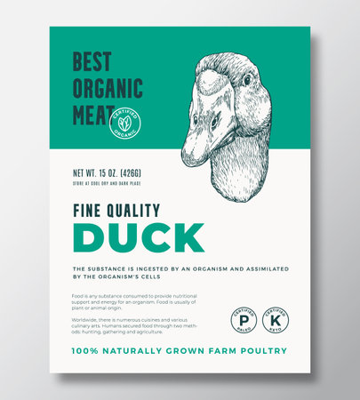 Best Organic Meat Abstract Vector Packaging Design or Label Template. Farm Grown Poultry Banner. Modern Typography and Hand Drawn Duck Head Silhouette Background Layout with Soft Shadowのイラスト素材