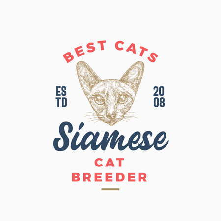 Cat Breeder Badge or Logo Template. Hand Drawn Siamese Breed Face Sketch with Retro Typography. Vintage Premium Emblem. Isolatedのイラスト素材