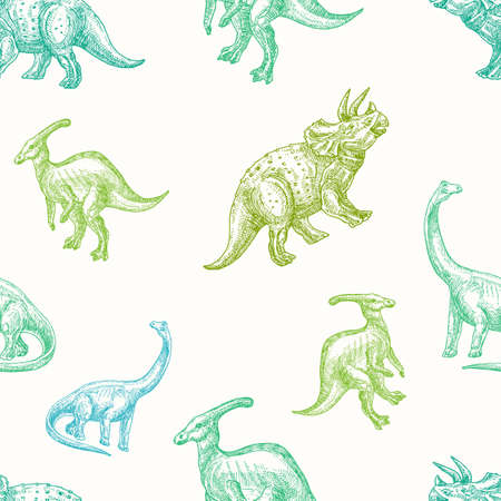 Hand Drawn Dinosaurs Vector Seamless Background Pattern. Parasaurolophus, Triceratops and Brontosaurus Colorful Sketches Card, Wrapping or Cover Templateのイラスト素材