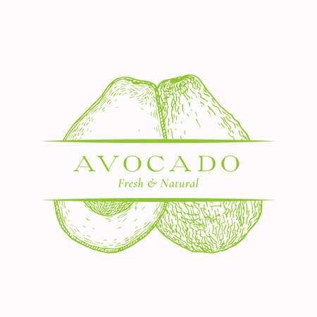 Fresh Organic Avocado Abstract Vector Sign, Symbol or Logo Template. Hand Drawn Fruit Sketch Sillhouette with Modern Typography. Isolatedのイラスト素材