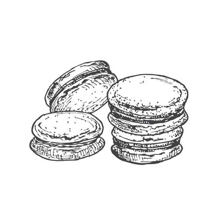 Macarons Sweets Hand Drawn Doodle Vector Illustration. Confectionary Sketch Style Drawing. Isolatedのイラスト素材