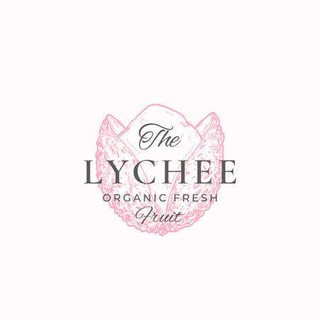 Lychee Abstract Vector Sign, Symbol or Logo Template. Hand Drawn Exotic Fruit Sketch with Retro Typography. Vintage Luxury Emblem. Isolatedのイラスト素材