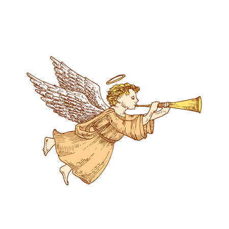 Hand Drawn Christmas Angel with with Horn Color Vector Illustration. Abstract Sketch. Winter Holiday Engraving Style Drawing. Isolatedのイラスト素材