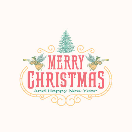 Christmas Greetings Abstract Vector Retro Frame Label, Sign Template. Colorful Hand Drawn Flying Angels and Pine Tree Sketch Illustration with Typography. Isolatedのイラスト素材