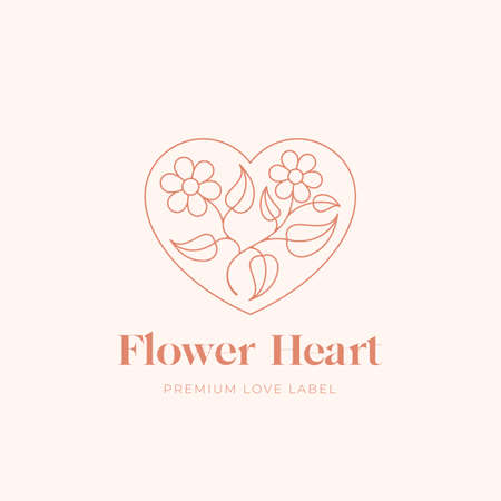 Flower Heart Abstract Romance Vector Sign, Symbol or Linear Logo Template. Leaves with Flowers in a Heart Frame with Typography. Isolatedのイラスト素材