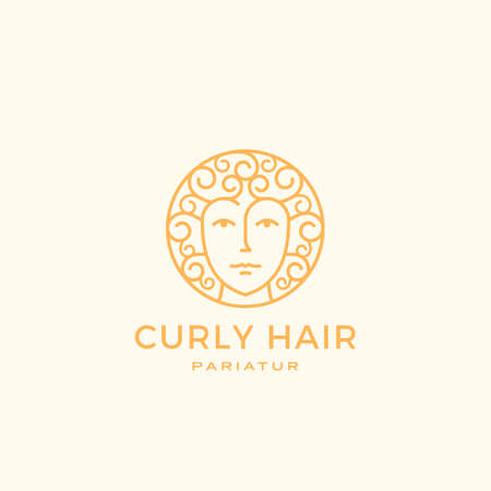 Curly Hair Abstract Contemporary Minimal Sign or Linear Logo Template. Outlined Woman Face Emblem or Label with Modern Typography. Isolatedのイラスト素材