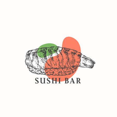 Japanese Food Abstract Sign, Symbol or Logo Template. Hand Drawn Sushi or Sashimi and Retro Typography. Traditional Asian Cuisine Vector Emblem Concept. Isolatedのイラスト素材