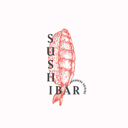 Sushi Bar Japanese Food Abstract Sign, Symbol or Logo Template. Hand Drawn Sashimi with Modern Typography. Traditional Asian Cuisine Vector Emblem Concept. Isolatedのイラスト素材