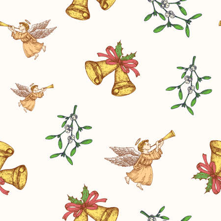 Christmas Hand Drawn Vector Seamless Background Pattern. Angels, Bells with Ribbon and Mistletoe Sketches Card or Cover Template. Holiday Decoration Wallpaper for Wrapping Paper or Textile Printのイラスト素材