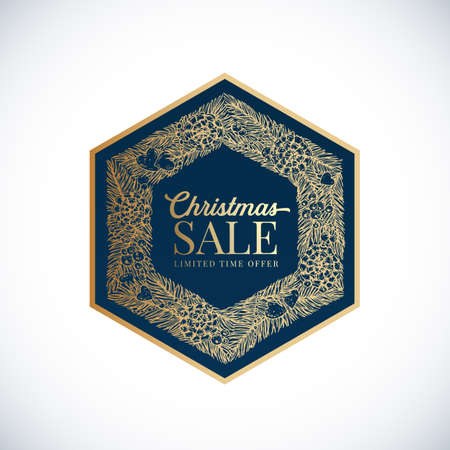 Christmas and New Year Sale Hand Drawn Sketch Wreath, Frame Banner or Sticker Template. Abstract Holiday Promo Vector Hexagon Shape Label with Retro Typography and Gold Color. Isolatedのイラスト素材