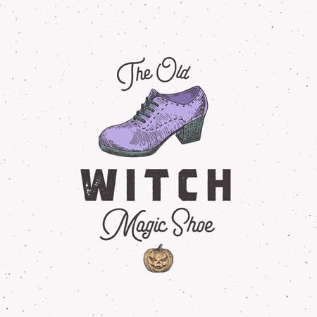 Witch Shoe Halloween Logo or Label Template. Hand Drawn Colorful Boot and Pumpkin Sketch Symbol with Retro Typography. Shabby Textures. Isolatedのイラスト素材