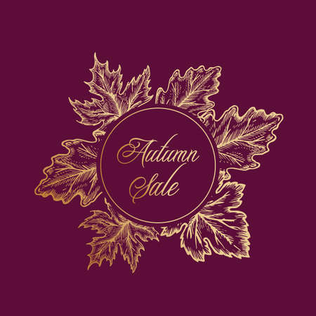 Autumn Sale Vector Frame Emblem, Card or Sign Template. Abstract Golden Foliage Label with Classy Retro Typography. Season Sale Advertising Promo Badge or Banner. Isolatedのイラスト素材